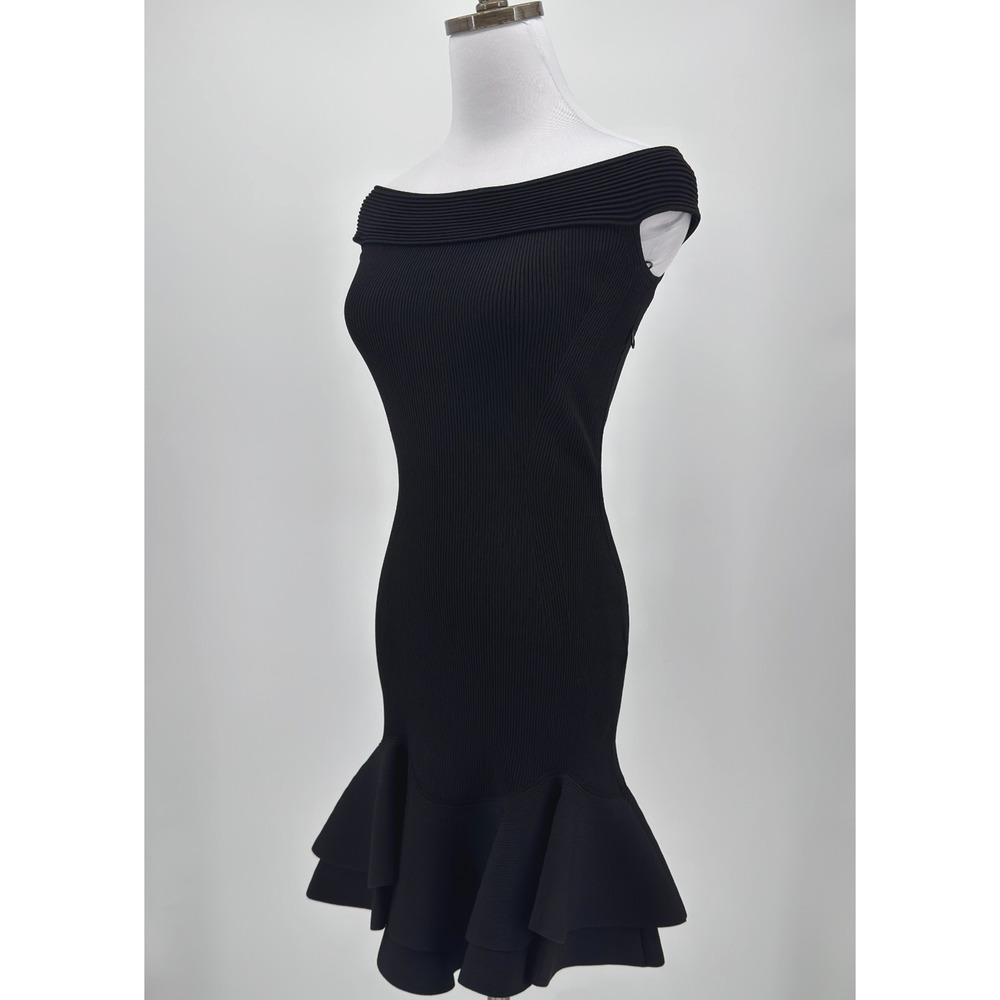 Alexander McQueen Black Rib Ruffle Hem Off-the-Shoulder Mini Dress Sz XS - Picture 2 of 8